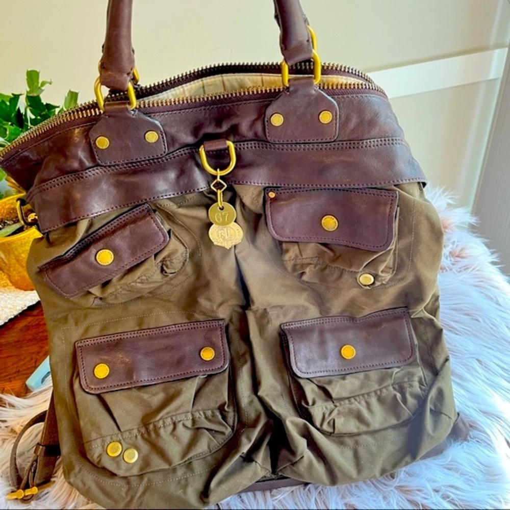 Travel Bag Green Canvas Brown Leather Gold-Tone Hardware-Ralph Lauren
